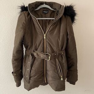 Express olive‎ green belted puffer jacket